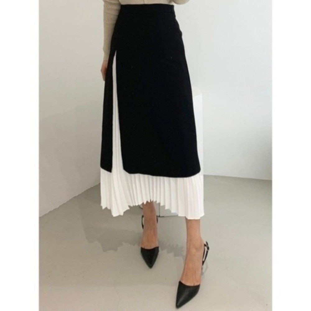 Commense Pleated Midi Skirt Black White Color Block Layered Skirt size XS